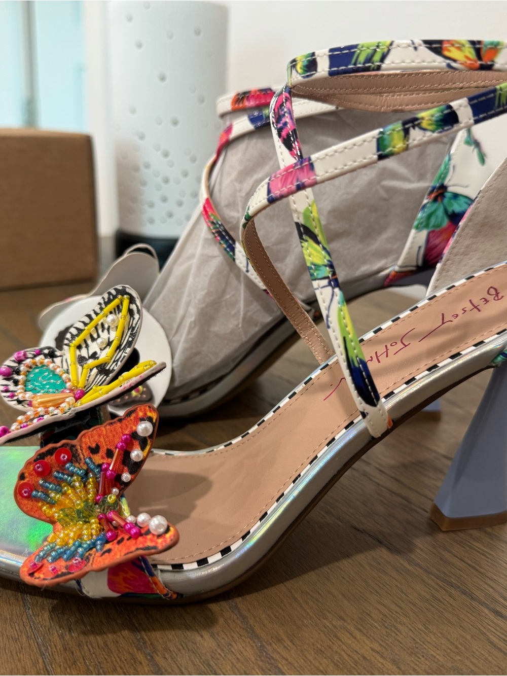 Betsey Johnson Multicolor Butterfly Embellished Strappy Heels - Picture 2 of 5